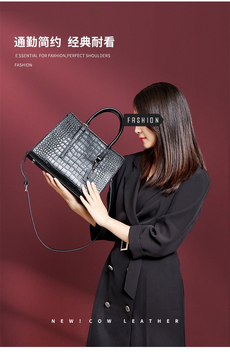 Cow Genuine Leather Handbags Large Capacity